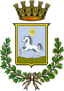 Stemma del comune di Martina Franca, Italia, con cavallo, giglio e corona.