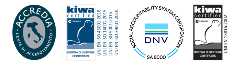Certification logos: Accredia, Kiwa (blue and white, black and white) and DNV.