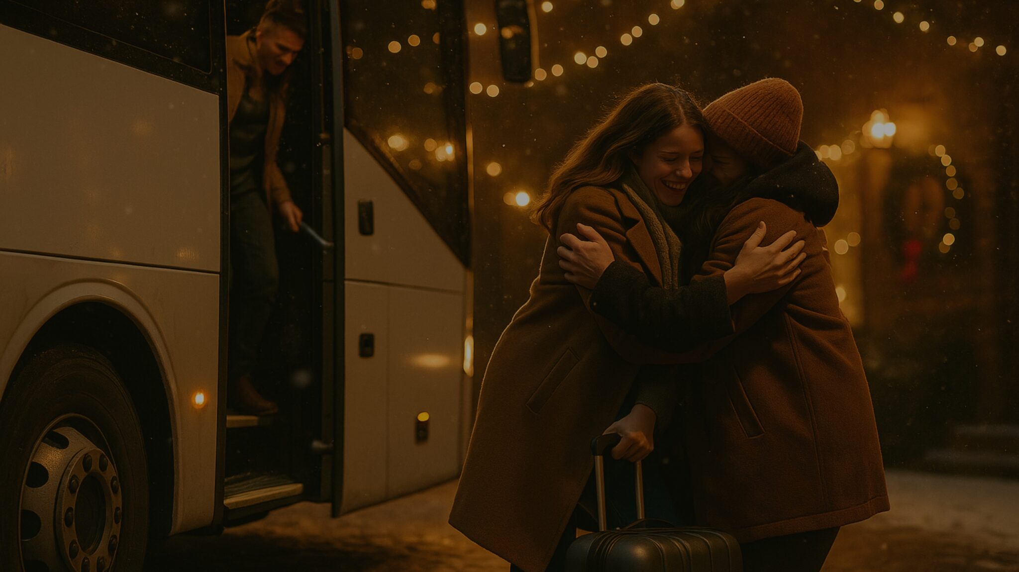 Abbraccio serale commovente sotto un bus, luci calde, riunione gioiosa.
