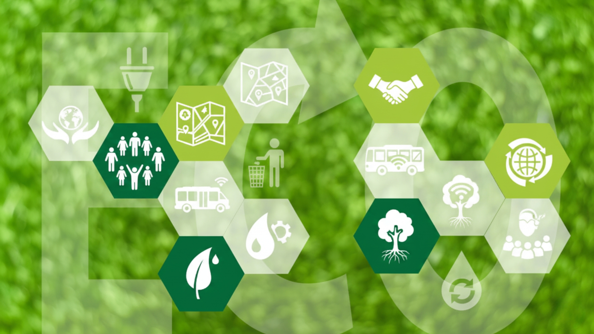 可持续发展和社会参与的象征性标志，包括绿色能源、废物管理、包容性、可持续交通和环境责任。.