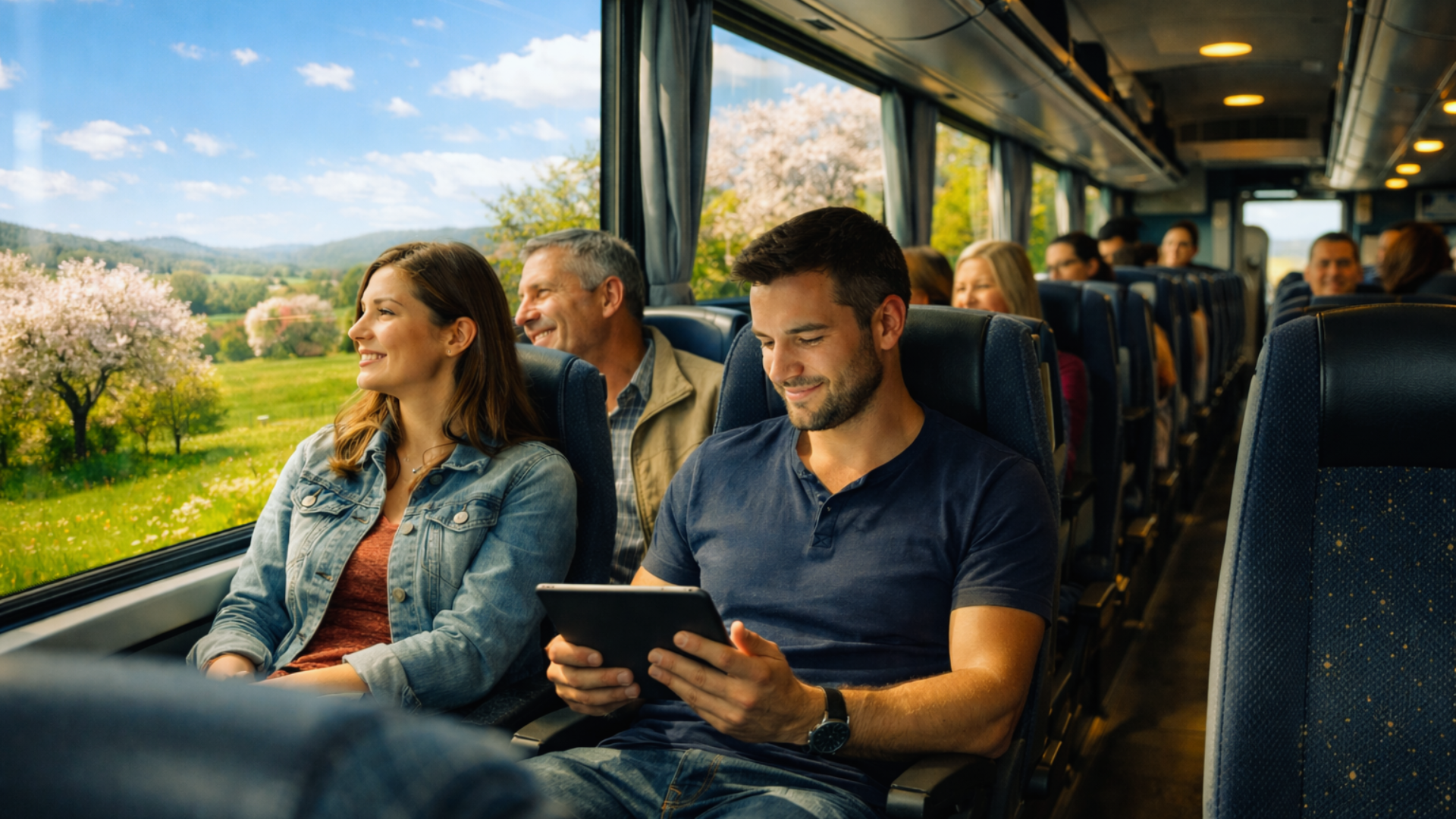 Passeggeri seduti su un autobus panoramico mentre osservano il paesaggio primaverile; un uomo usa un tablet e una donna guarda fuori dal finestrino.